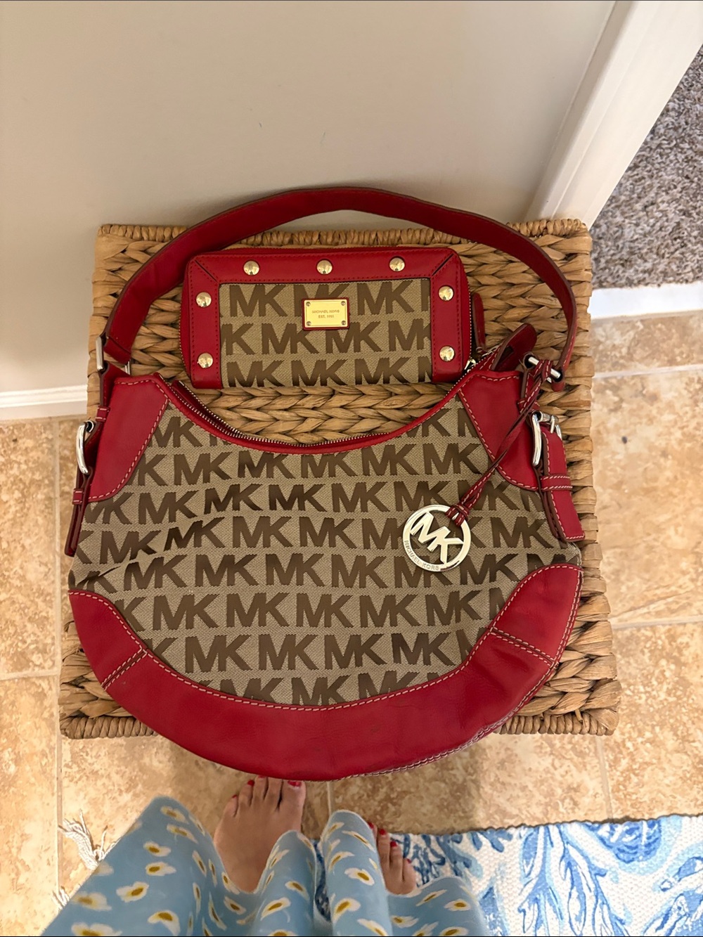 Michael Kors Brown MK Signature Hobo with Red Trim